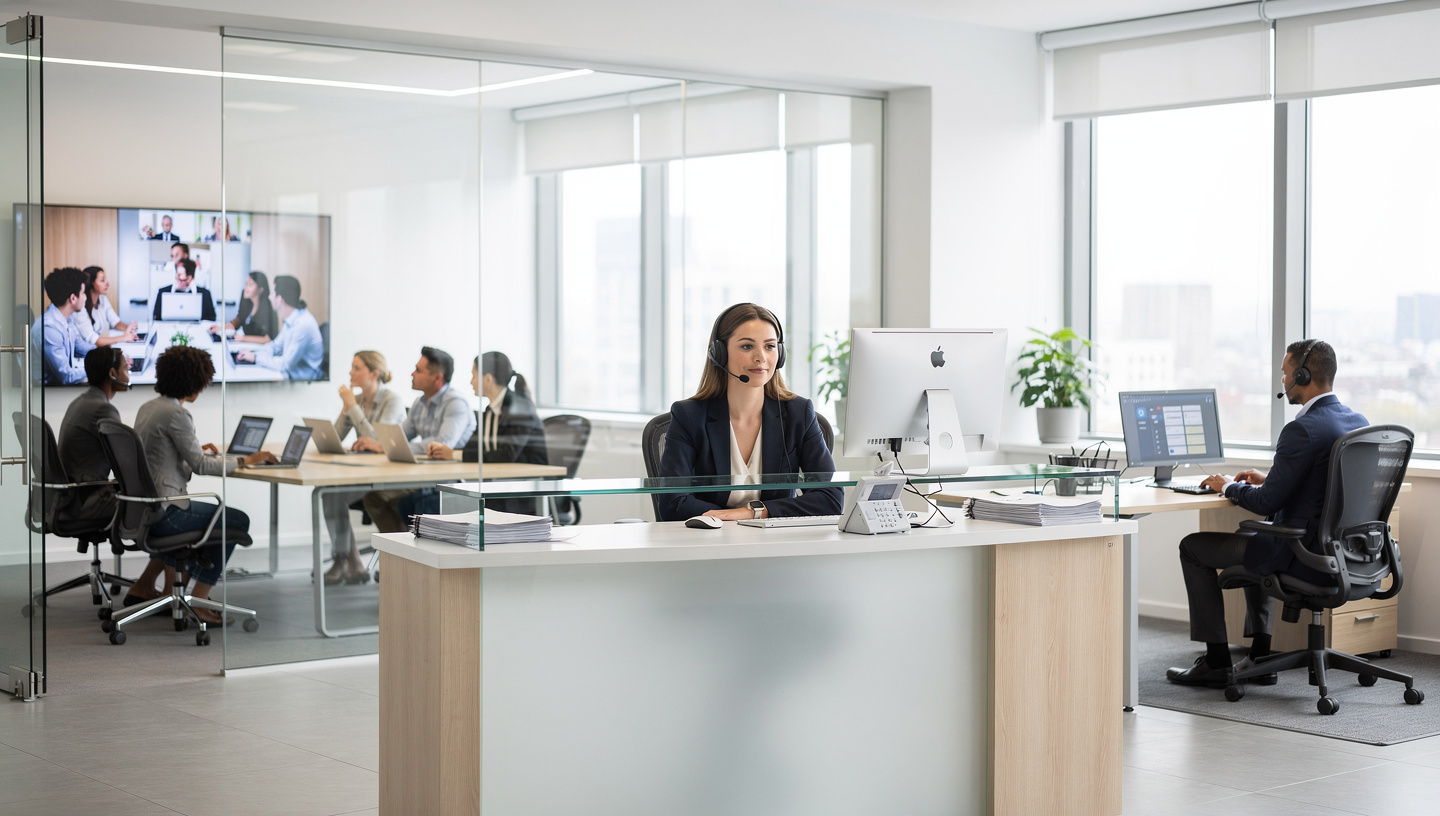 Staff in open-plan office using phones and video meetings