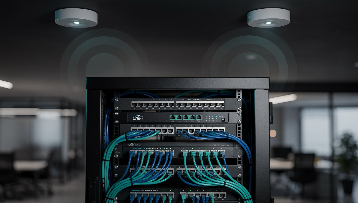 Network rack with switches and Wi-Fi access points